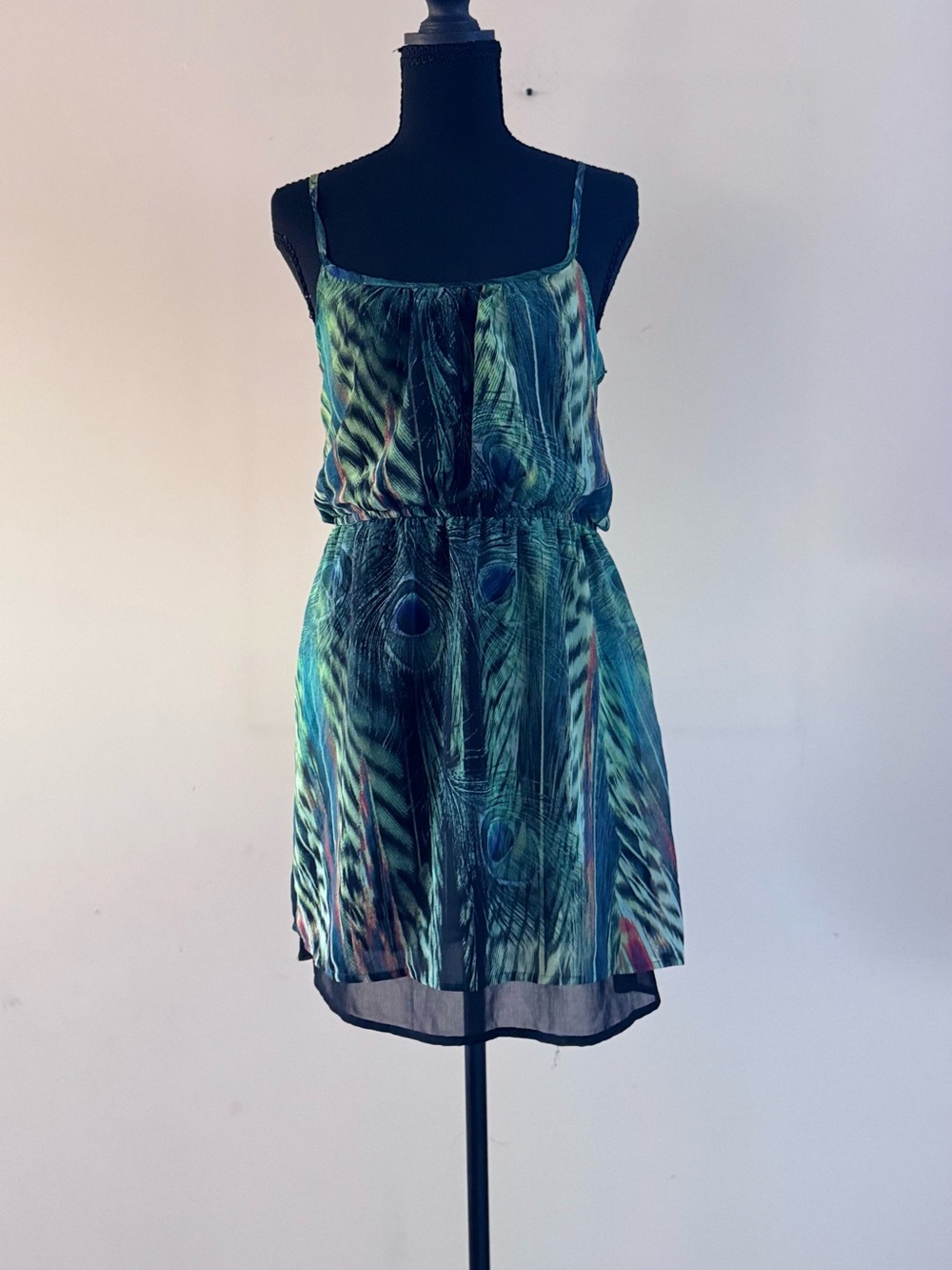 XXI Blue-Green Peacock Print Mini Dress